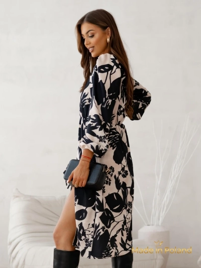 Sukienka Apollonia Midi Beżowa z Długim Rękawem i Kwiatowym Wzorem