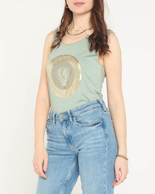 Dark green shoulder blouse with print and cubic zirconia - Clothing