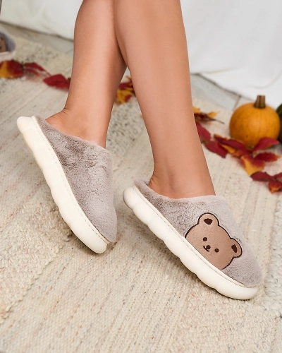 Royalfashion Женские меховые тапочки с мишкой серого цвета Fetemes
