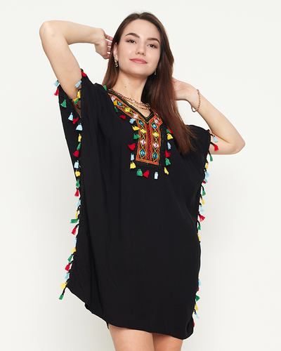 Women's black summer beach tunic with fringes - Clothing