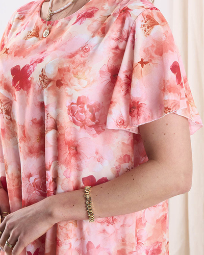 Women's knee-length dress with print and frill in orange- Clothing
