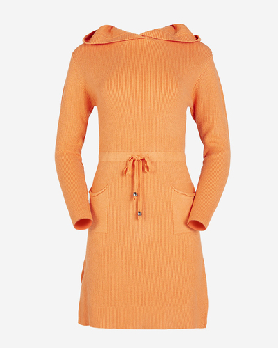 Orange women's sweater dress with hood - Clothing