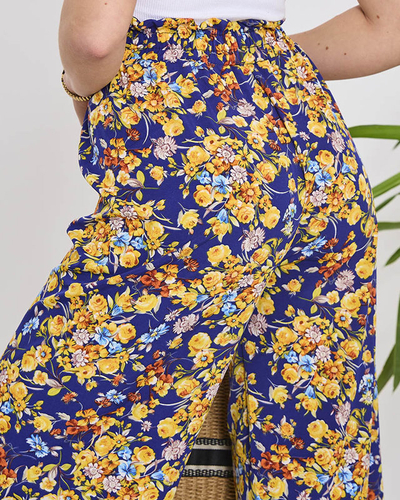 Women's blue palazzo pants with navy blue flowers- Clothing
