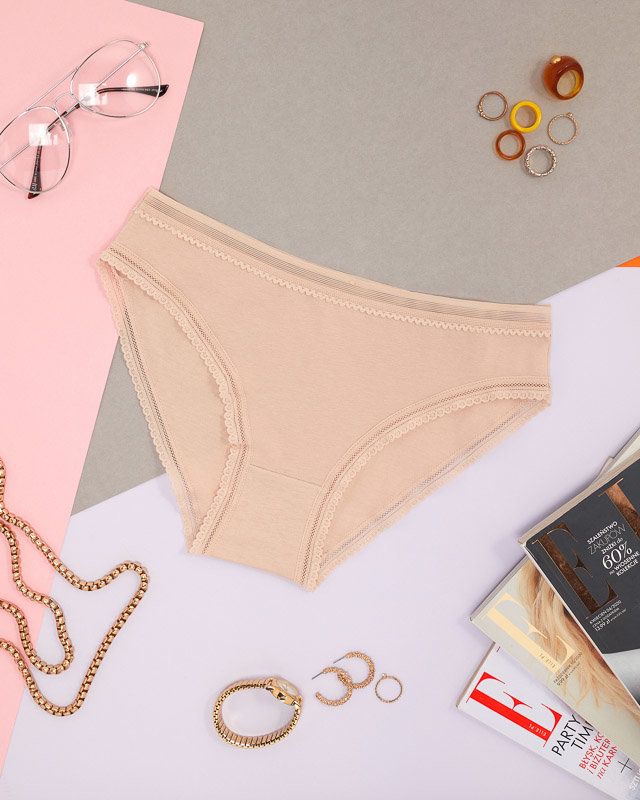 Бежевые женские хлопковые однотонные кружевные трусы - нижнее белье