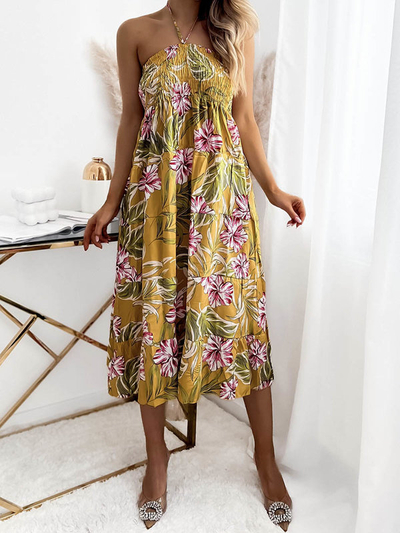 Желтое женское платье-миди с цветочным узором - Одежда
