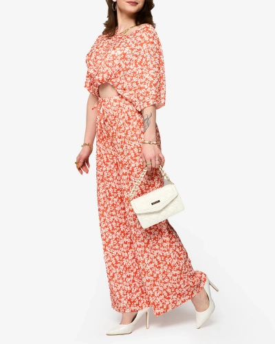 Oranžs sieviešu plisēts komplekts ar melniem ziediem - Apģērbs