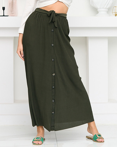 Women's Green Pleated Midi Skirt with Buttons - Footwear