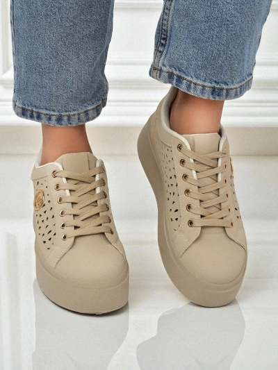 Cleo Ecru Platino – beige platform sneakers Royalfashion eco leather