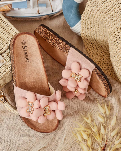 Royalfashion Women's flip-flops with gold teddy bears and flowers Isaralle