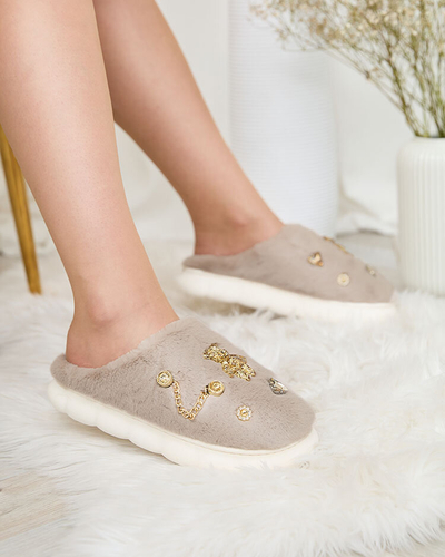 Royalfashion Grey women's fur slippers with ornaments Erserra