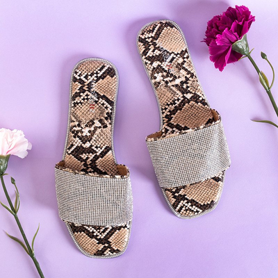 Women's beige slippers with embossing a'la snake skin Oncho - Footwear