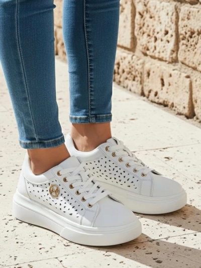 Sneakers da donna Calista Bianco in pelle ecologica, traforate, primaverili 4,5 cm