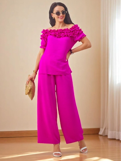 Royalfashion Women's set with an off-the-shoulder top with short sleeves and decorative neckline, and flared pants