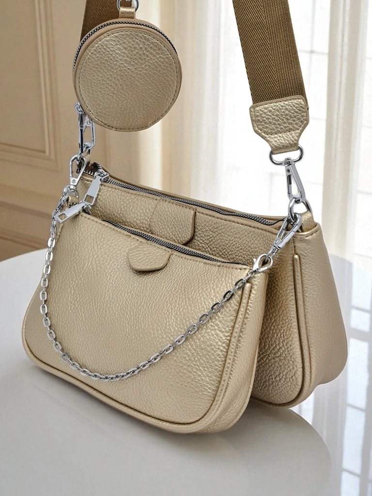 Golden Calista Multi Eco-Leather Handbag with Chain and Pouch