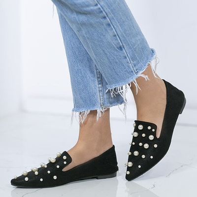 Czarne mokasyny z perełkami Josefina - Obuwie