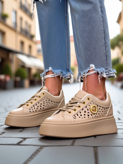 Cleo Ecru Platino – бежевые кроссовки на платформе Royalfashion экокожа