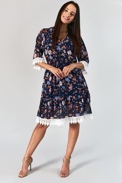 Granatowa sukienka midi w kwiaty - Odzież