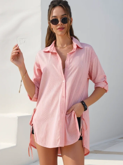 Royalfashion Cotton longer women's shirt with stripes and waist tie