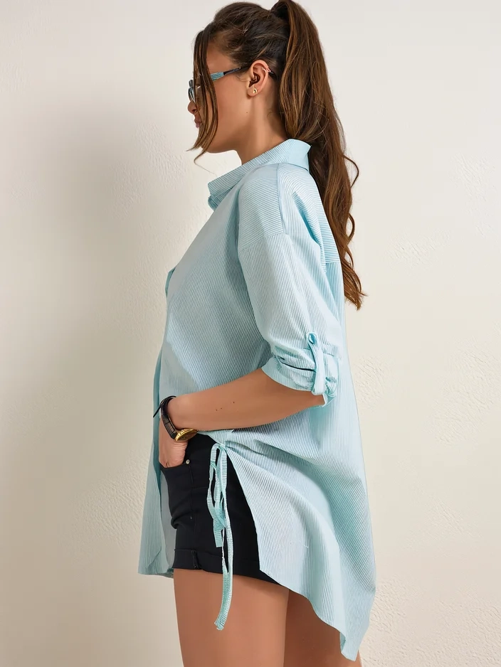 Рубашка Royalfashion для женщин с длинным кроем, из хлопка в полоску, с завязкой на талии