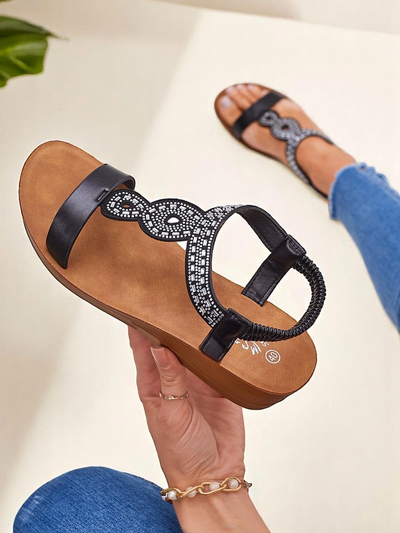 Sandaļi Ķīļi Perseida Royalfashion melni no eko-ādas ar kristāliem 4,5cm