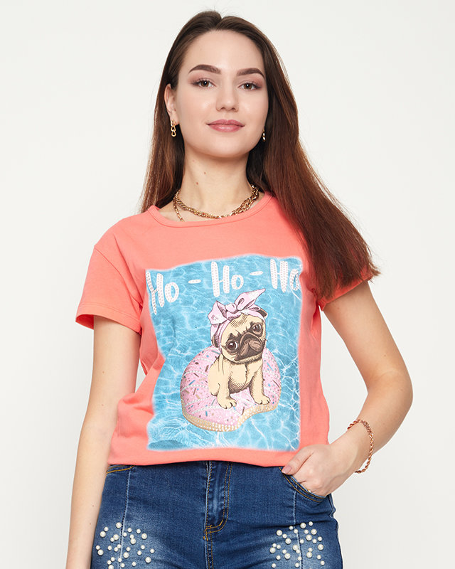 Women's coral t-shirt with a dog print - Clothing