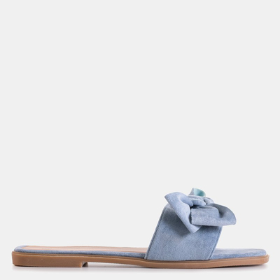 Blue women's slippers with a Bonjour bow - Shoes