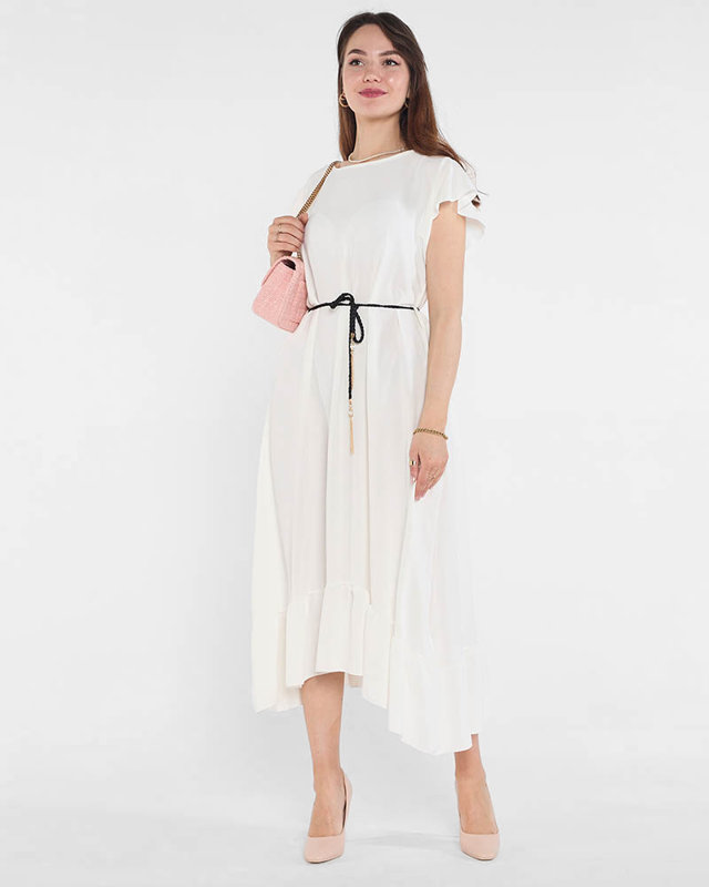 Women's white dress with frills and a tie belt at the waist - Clothing