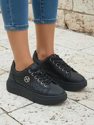 Women's Kalista Nero sneakers - black eco-leather platforms, spring collection