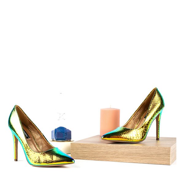 Holograficzne złote szpilki a'la skóra węża Las Vegas - Obuwie
