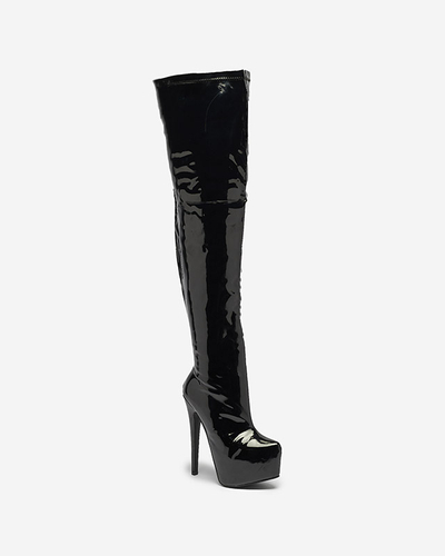 Sieviešu lakotas krāsas zābaki pāri ceļgaliem melnā krāsā Leccie- Footwear