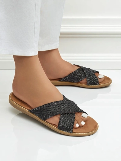 Calista Nero women's flat sandals, black braid, ecological leather