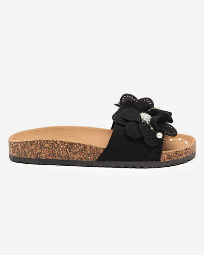 OUTLET Black women's slippers with fabric flowers Serine - Footwear