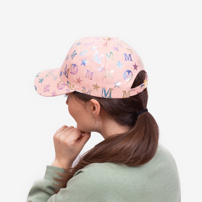 Pink women's cap with a visor and multicolored letters - Accessories