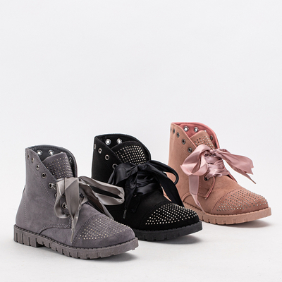 Grey women's boots with zircons laced with ribbon Segadi - Footwear