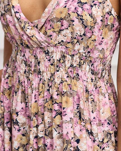 Pink and beige women's summer dress with flowers - Clothing
