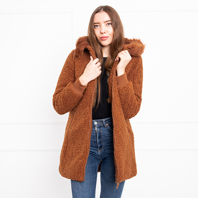 Women's brown jacket with a sheepskin hood - Clothing