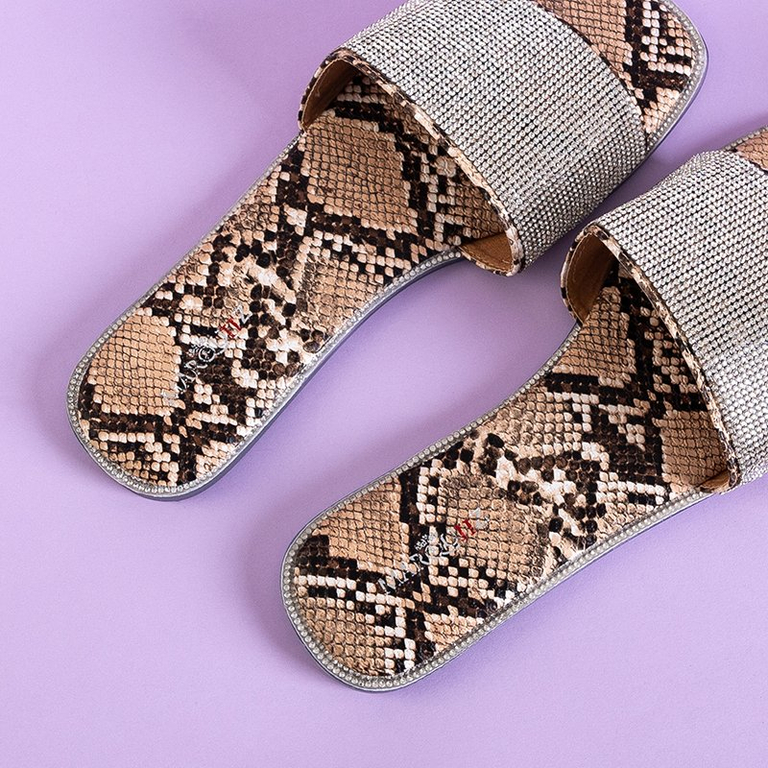 Women's beige slippers with embossing a'la snake skin Oncho - Footwear