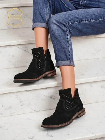 Aurelia Nero suede openwork women's ankle boots flat heel 3cm