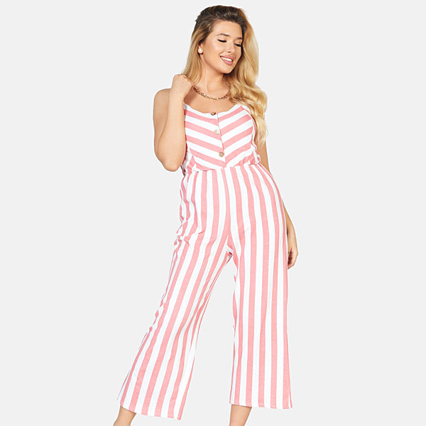 Red and white women's long striped jumpsuit - Clothing