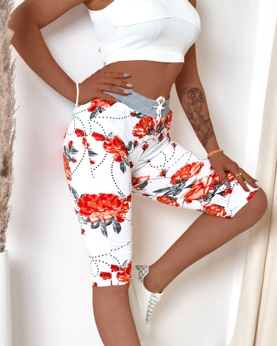 Women's white 3/4 length shorts with red flowers PLUS SIZE - Clothing