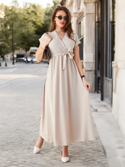 Royalfashion Women's midi dress with a wrap neckline, short sleeves, and a belt