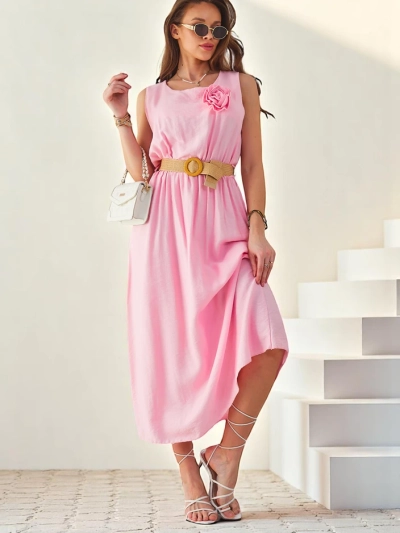 Royalfashion Women's midi dress with straps, featuring a round neckline with a decorative flower