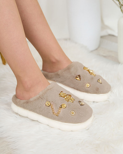 Royalfashion Grey women's fur slippers with ornaments Erserra