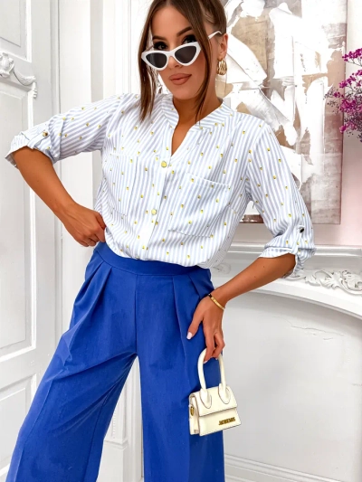 Royalfashion Sieviešu svītraina krekls ar citroniem un V-veida kakla izgriezumu