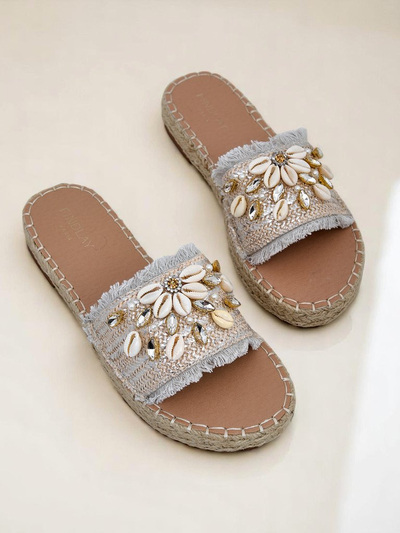 Royalfashion Perseida women's sandals silver with shells on a flat sole