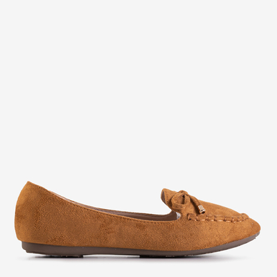 Light brown women's eco-suede loafers with a Norina bow - Shoes