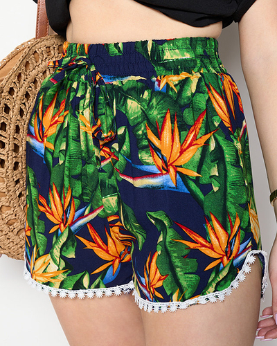 Patterned navy blue and orange women's shorts - Clothing