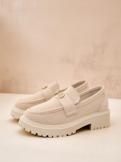 Callista beige women's loafers made of eco-suede on a 4 cm flat sole