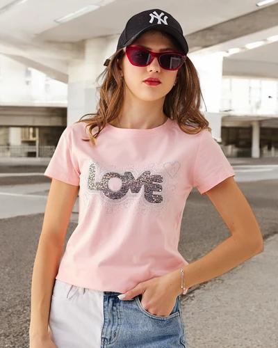 Royalfashion Women's Cotton T-Shirt LOVE with Rhinestones