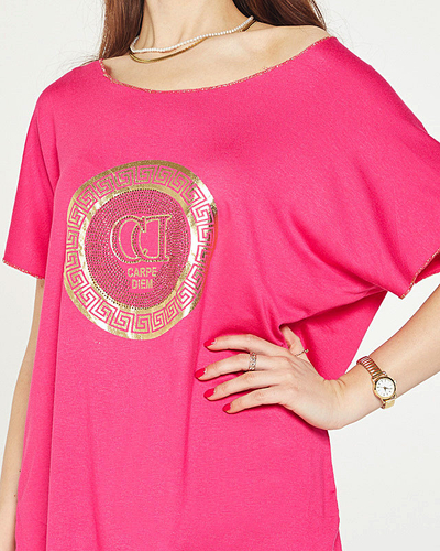 Fuchsia women's t-shirt with gold print and cubic zirconia - Clothing